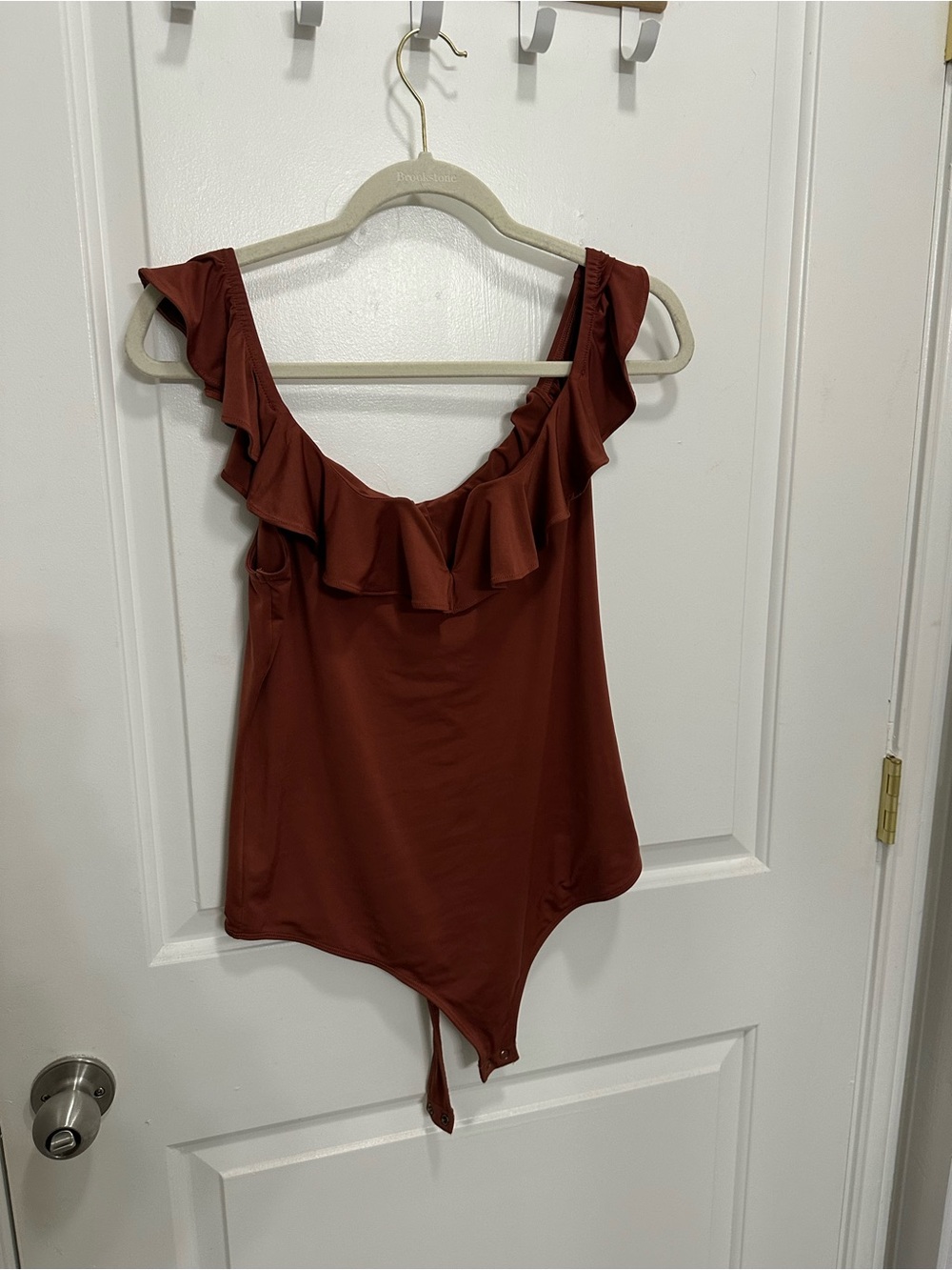 Express Ruffle-Trim Bodysuit in Rust Brown